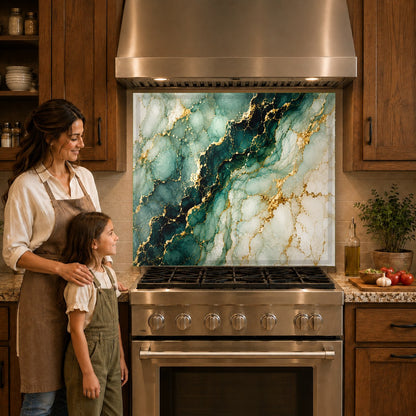 Tempered glass backsplash panel with deep green and gold veins protecting the wall behind an induction cooktop.
