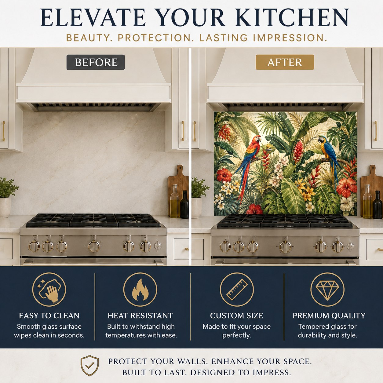 Exotic tropical bird glass backsplash featured on a kitchen island wall