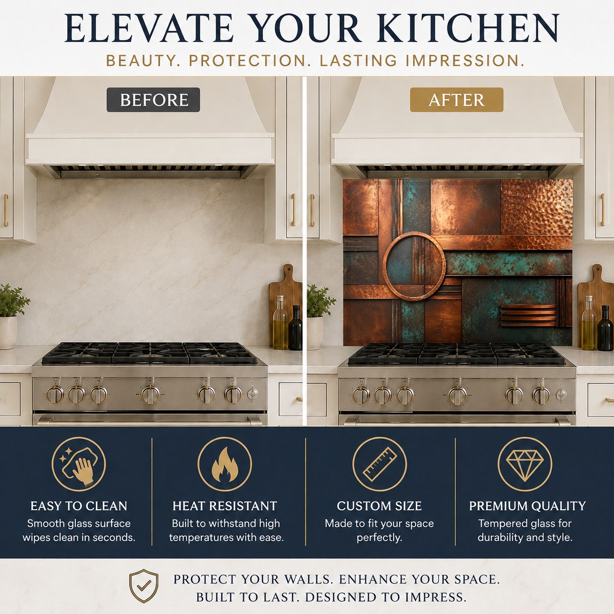 Verdigris and copper metallic glass backsplash in a luxury kitchen setting