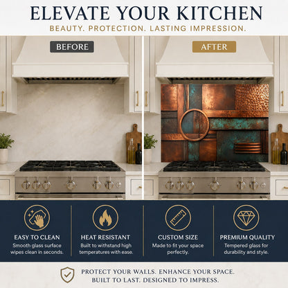 Verdigris and copper metallic glass backsplash in a luxury kitchen setting