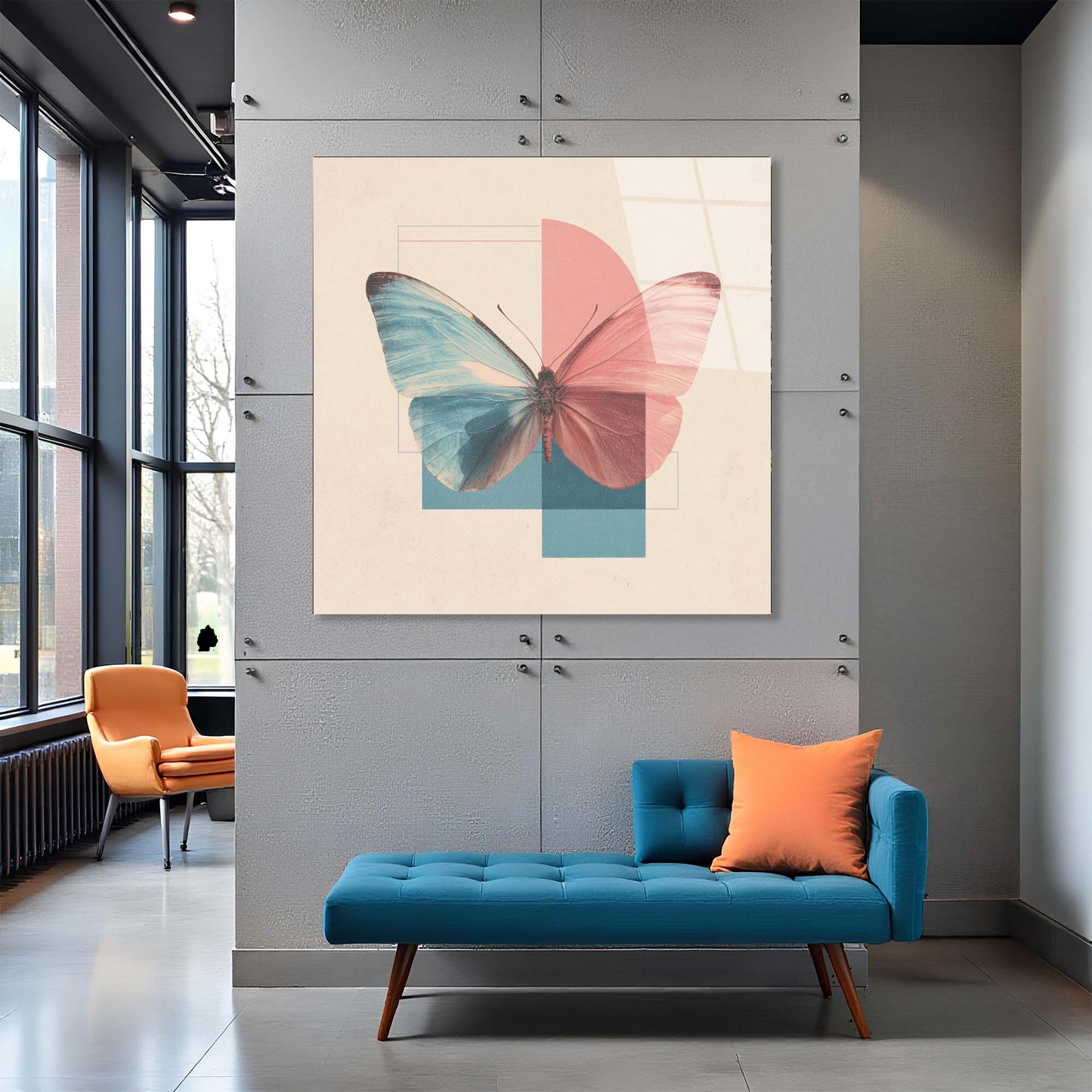 Modern interior with a blue sofa, orange chair, and colorful butterfly artwork on a gray wall.