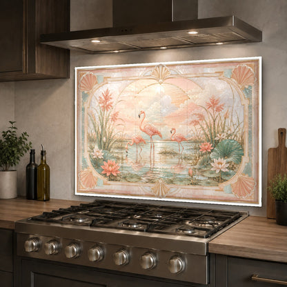 Close-up of pink flamingos high-gloss glass backsplash showing vibrant details