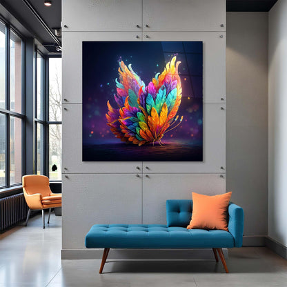 Modern interior with a colorful abstract painting on a wall above a blue bench and orange chair.
