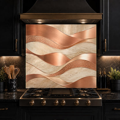 Custom-sized copper abstract tempered glass backsplash behind a sleek slide-in range