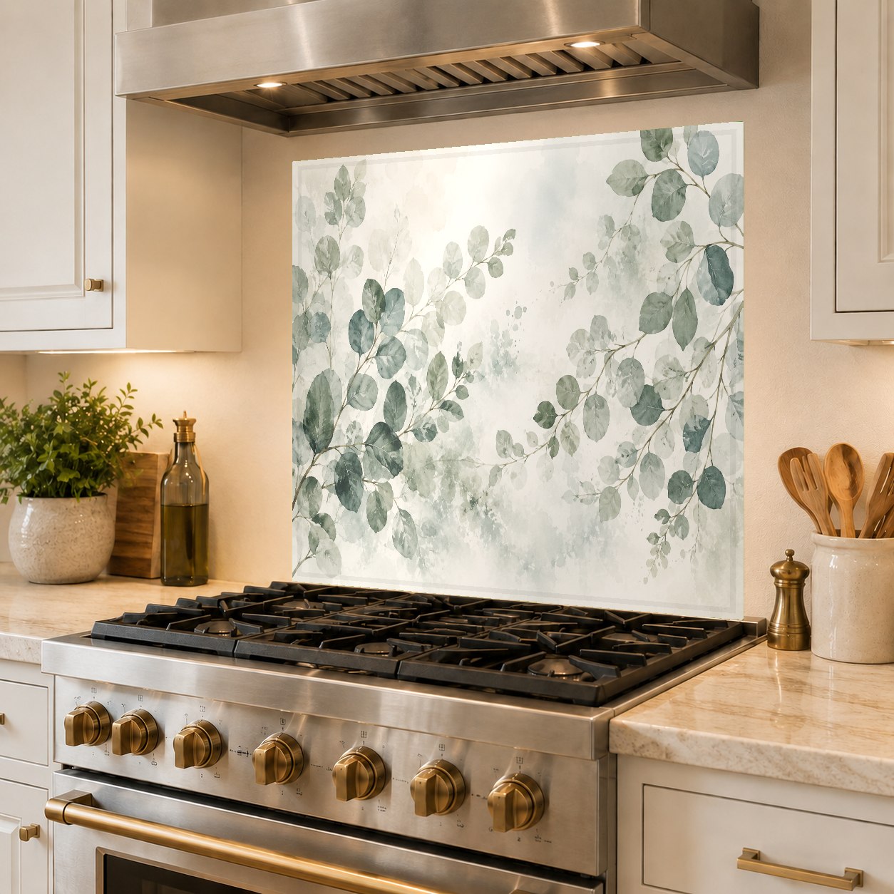 Elegant botanical glass panel backsplash protecting the kitchen wall from grease and water splashes behind the hob.