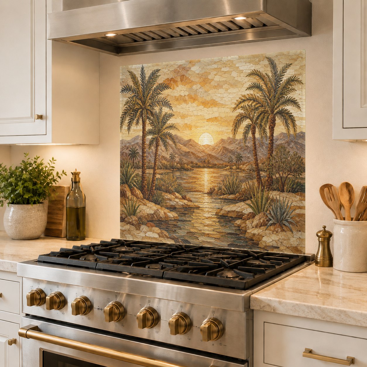 Hygienic and easy-to-clean Deco Sunrise tempered glass backsplash behind a bar area cooktop.