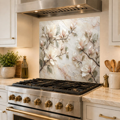 Seamless marble effect glass backsplash protecting stove wall from grease
