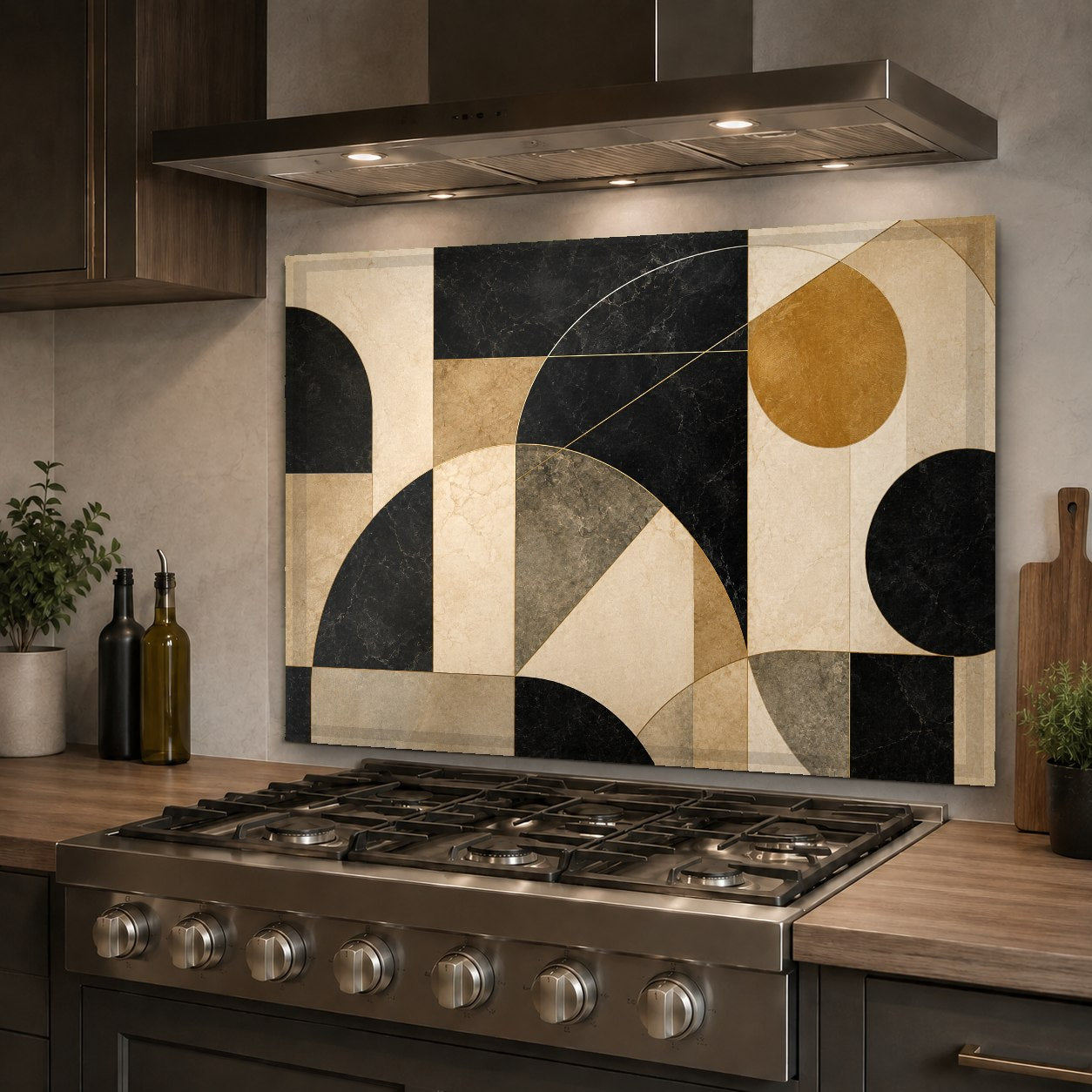 Sleek modern geometry glass stove guard protecting the kitchen wall from hot grease splatters.