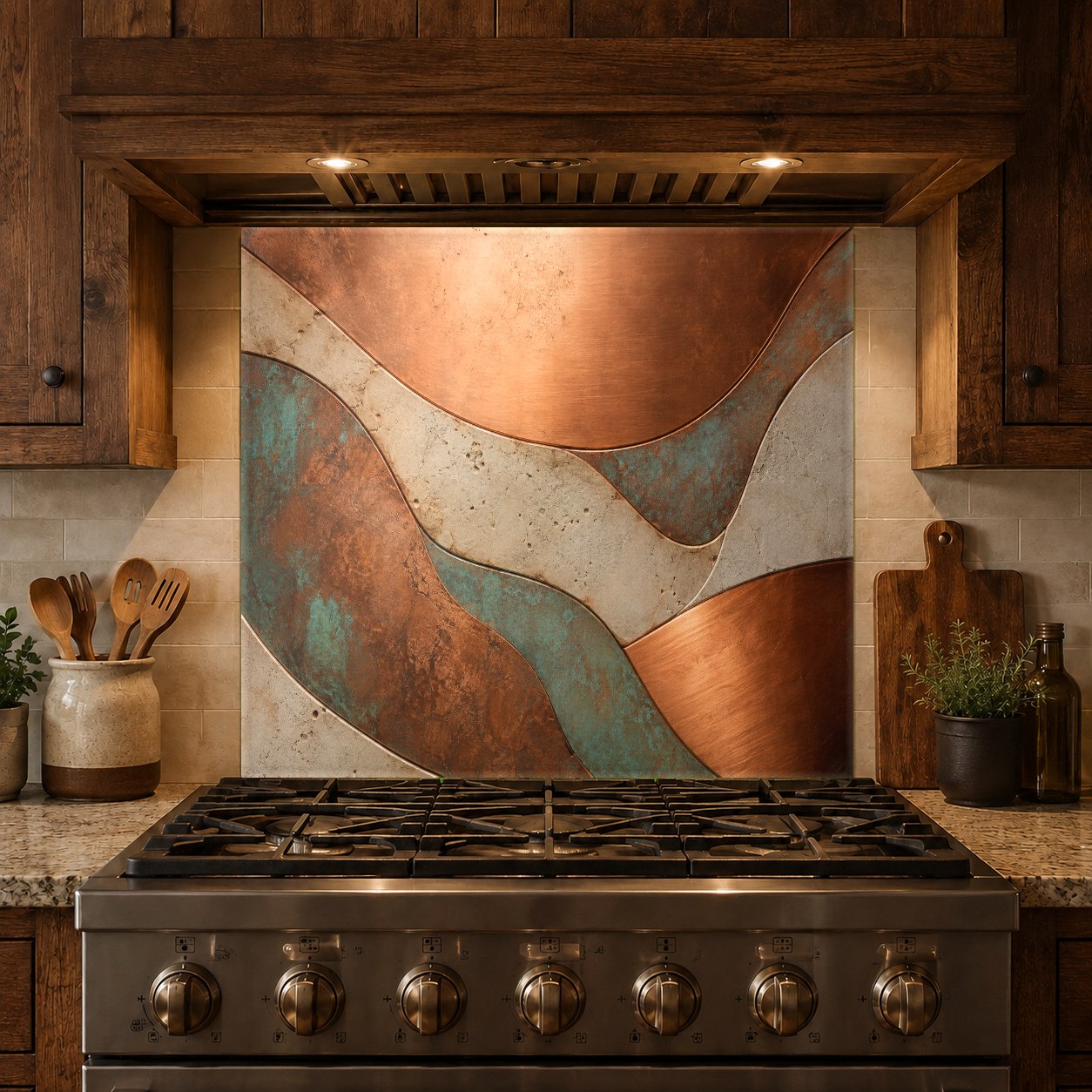 Elegant copper flow tempered glass backsplash panel adding a metallic focal point to a minimalist kitchen.