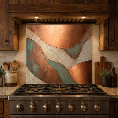 Elegant copper flow tempered glass backsplash panel adding a metallic focal point to a minimalist kitchen.