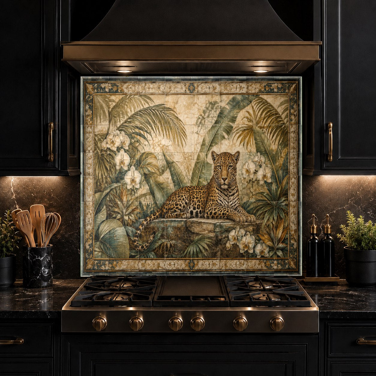 Custom size wild leopard glass kitchen backsplash installation view
