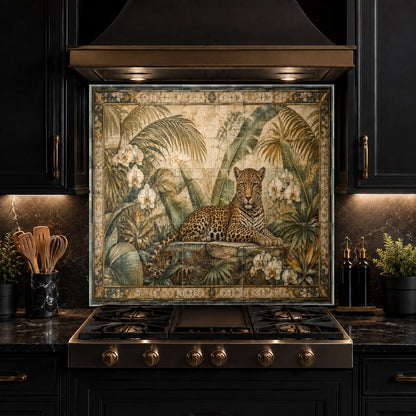 Custom size wild leopard glass kitchen backsplash installation view