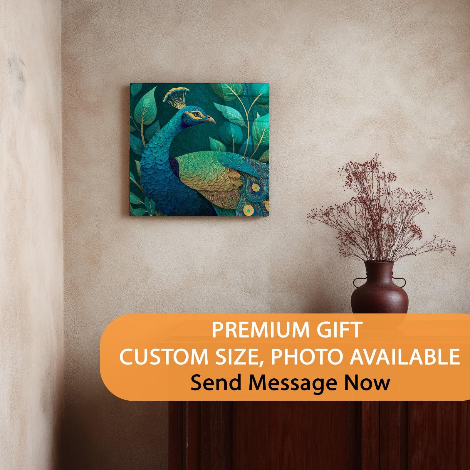 Peacock painting on a wall with a vase of dried flowers below, promotional text overlay.