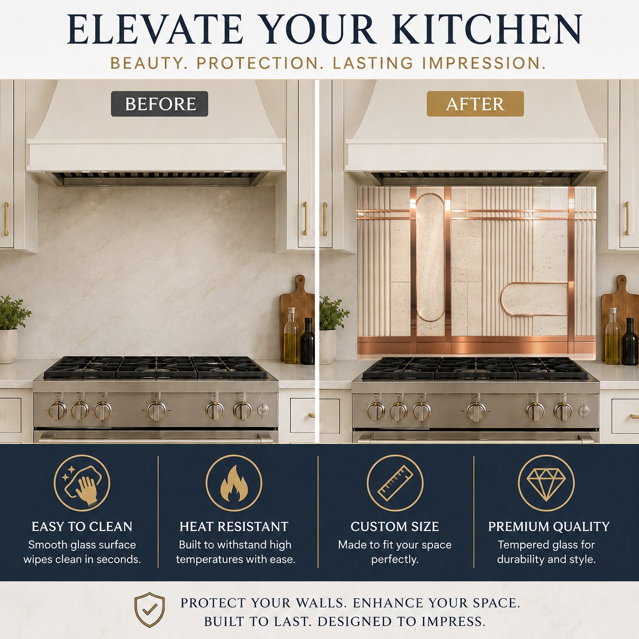 Modern kitchen sink wall protected by a waterproof copper line glass backsplash