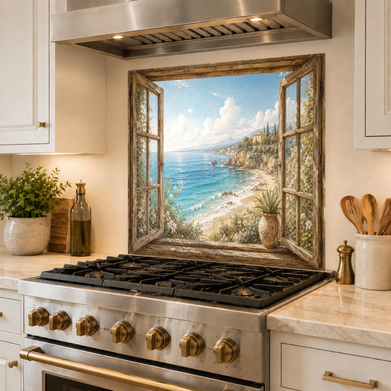 Seaside tempered glass backsplash on sink wall