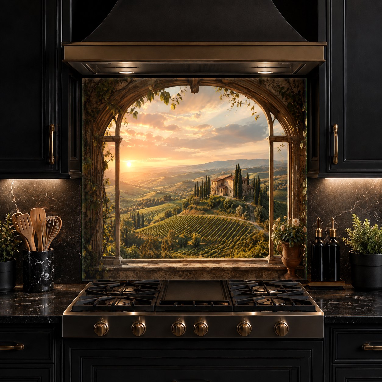Modern kitchen interior showcasing a seamless glass backsplash behind the main cooking range