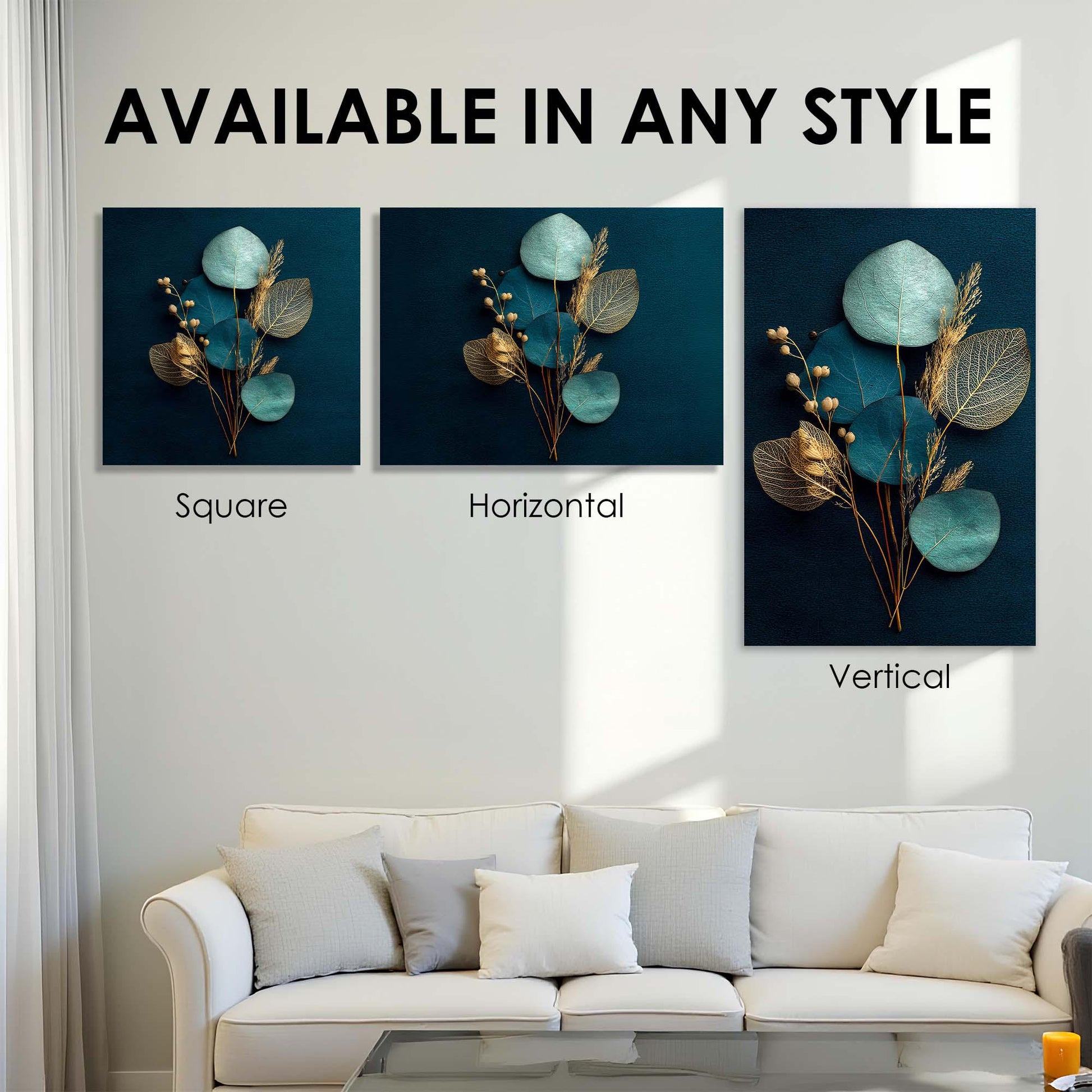 Three wall art pieces displayed on a wall above a sofa with text indicating availability in square, horizontal, and vertical styles.