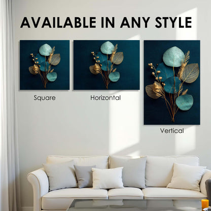 Three wall art pieces displayed on a wall above a sofa with text indicating availability in square, horizontal, and vertical styles.