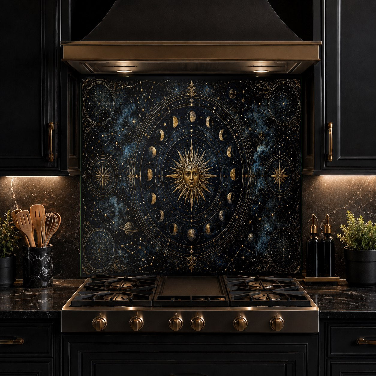 Gold constellation glass kitchen backsplash panel near the kitchen island