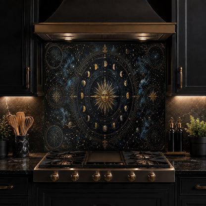Gold constellation glass kitchen backsplash panel near the kitchen island