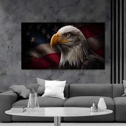 Eagle painting with American flag on a gray wall above a gray sofa.