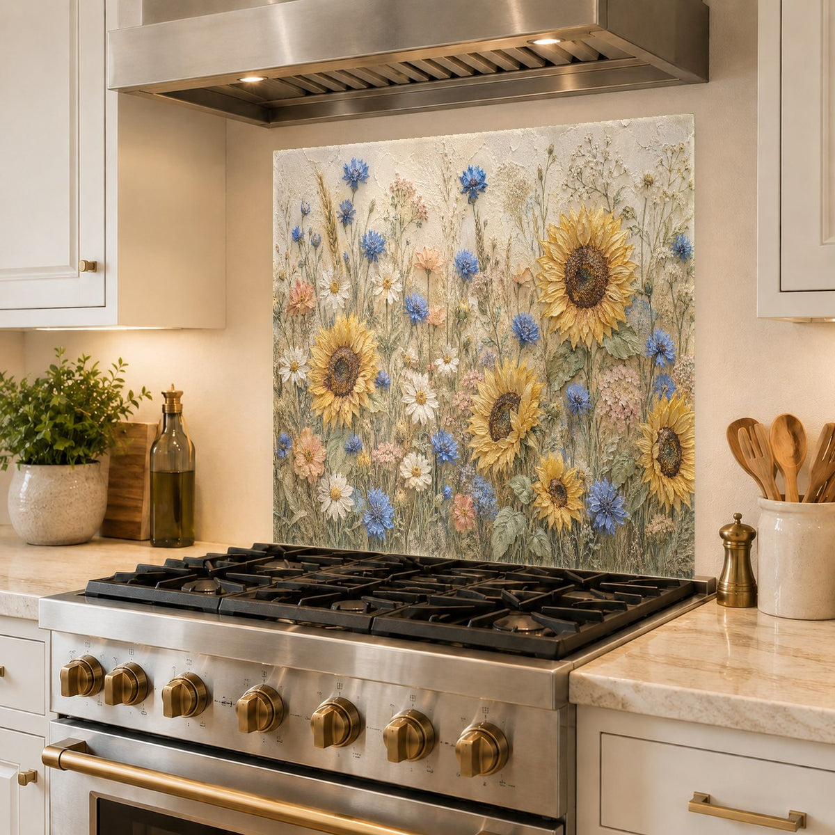 Sunflowers tempered glass splash guard behind kitchen sink