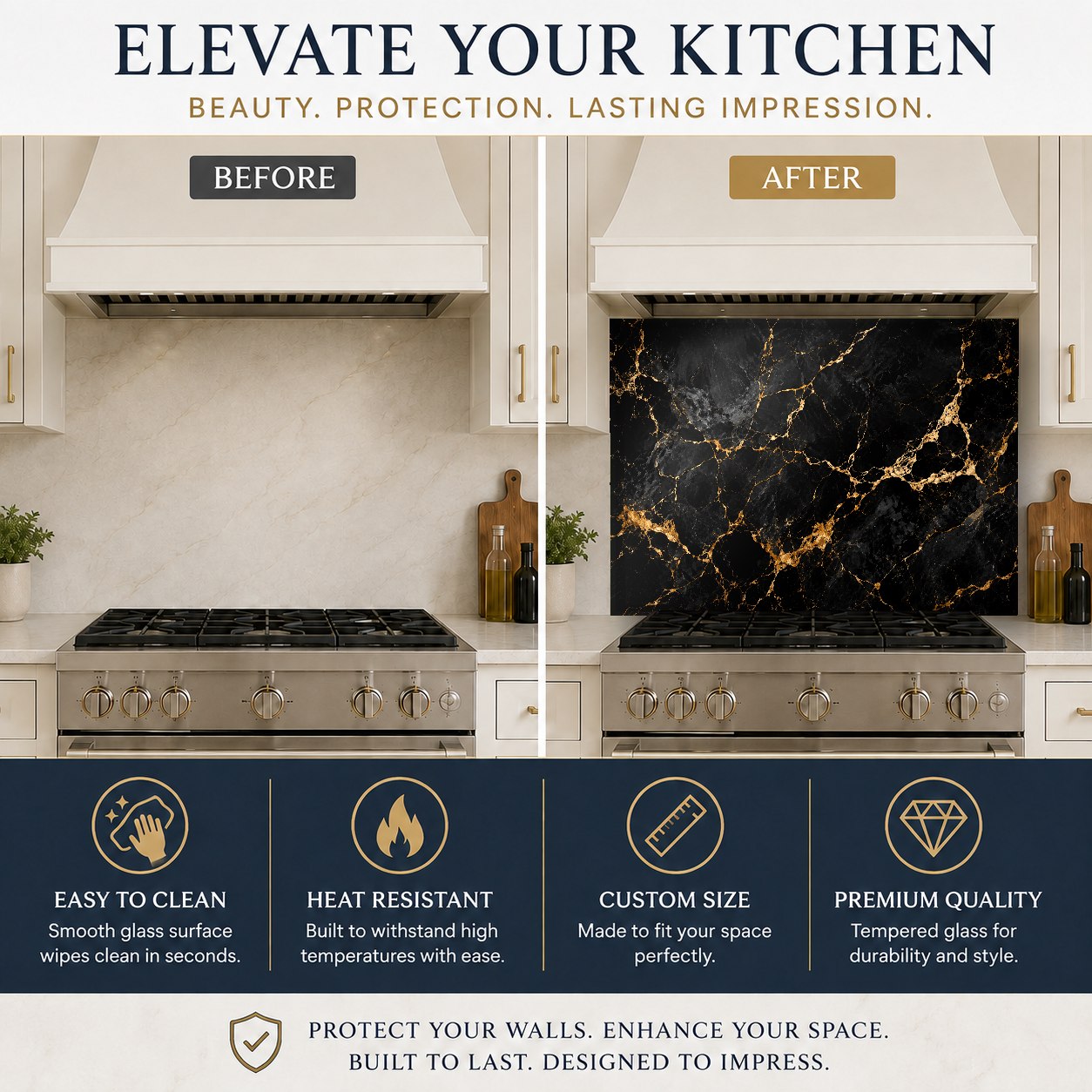 Heat resistant glass stove guard with noir marble design protecting the wall behind an induction cooktop.