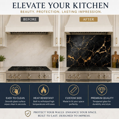 Heat resistant glass stove guard with noir marble design protecting the wall behind an induction cooktop.