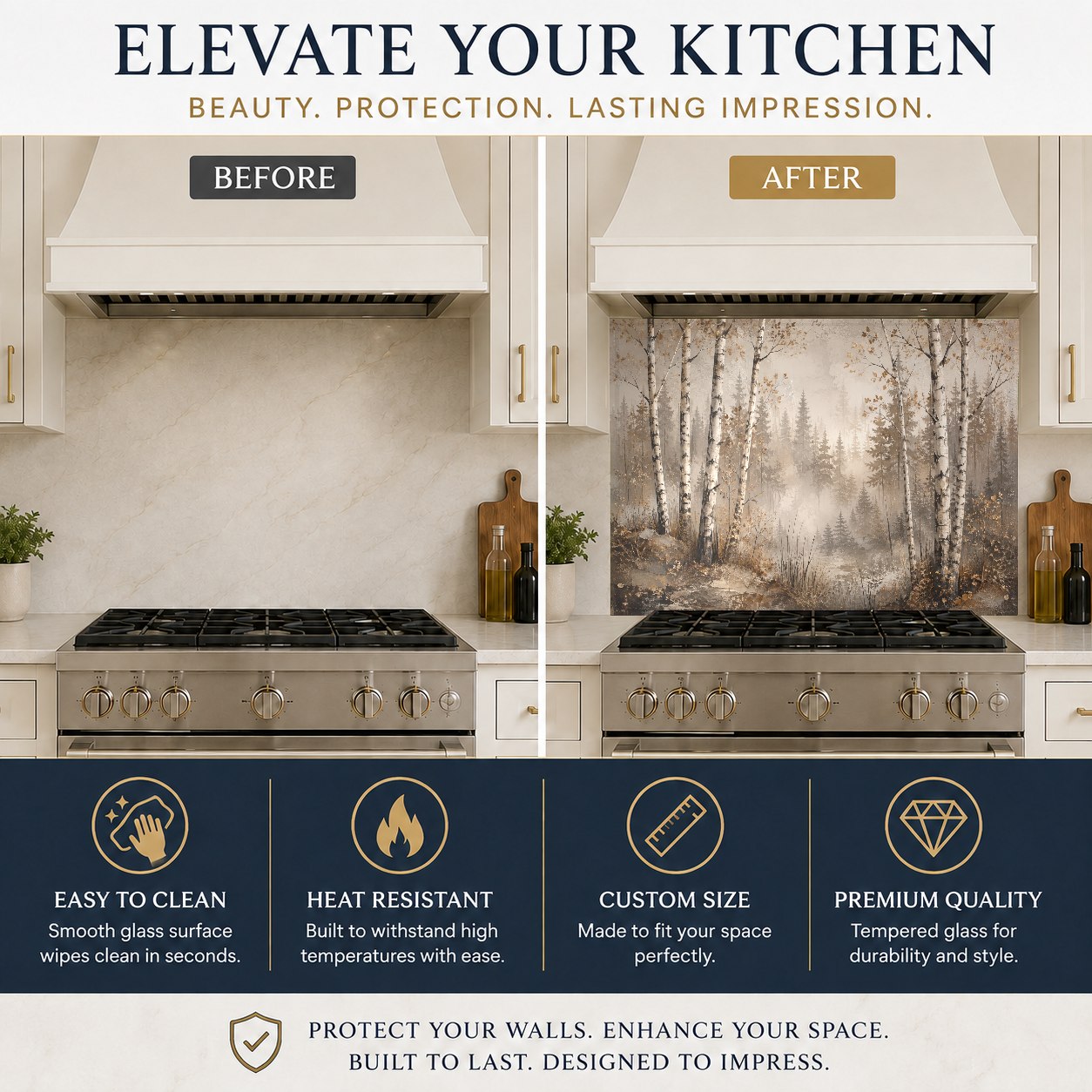 Kitchen island featuring Birch Mist tempered glass backsplash panel