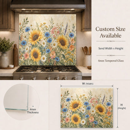 Custom-fit sunflower tempered glass panel installed as a durable backsplash behind a professional range stove.