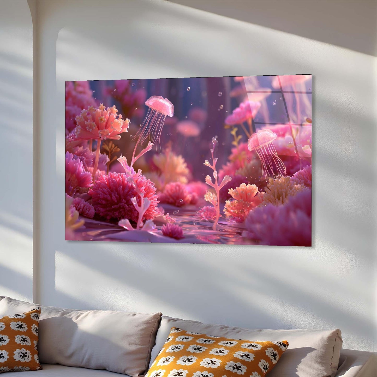TV screen displaying a vibrant underwater scene with pink jellyfish and coral, mounted on a white wall above a sofa.