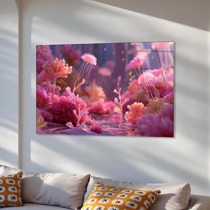 TV screen displaying a vibrant underwater scene with pink jellyfish and coral, mounted on a white wall above a sofa.