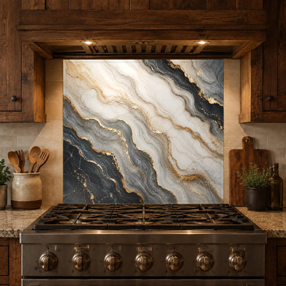Seamless grout-free marble flow glass backsplash protecting kitchen walls from cooking splatters.