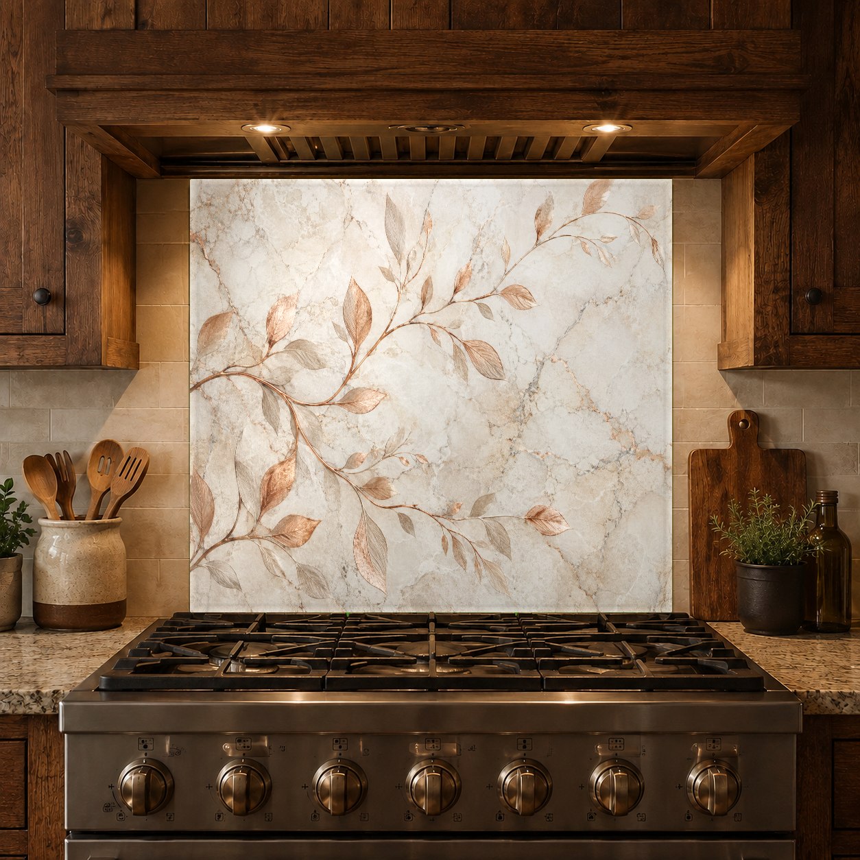Seamless glass cooktop backsplash panel with a high-gloss copper branches pattern in a warm farmhouse kitchen.