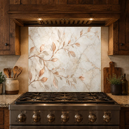 Seamless glass cooktop backsplash panel with a high-gloss copper branches pattern in a warm farmhouse kitchen.