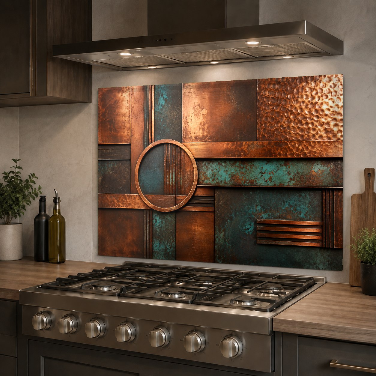 Rustic copper patina glass backsplash protecting the wall behind a kitchen sink