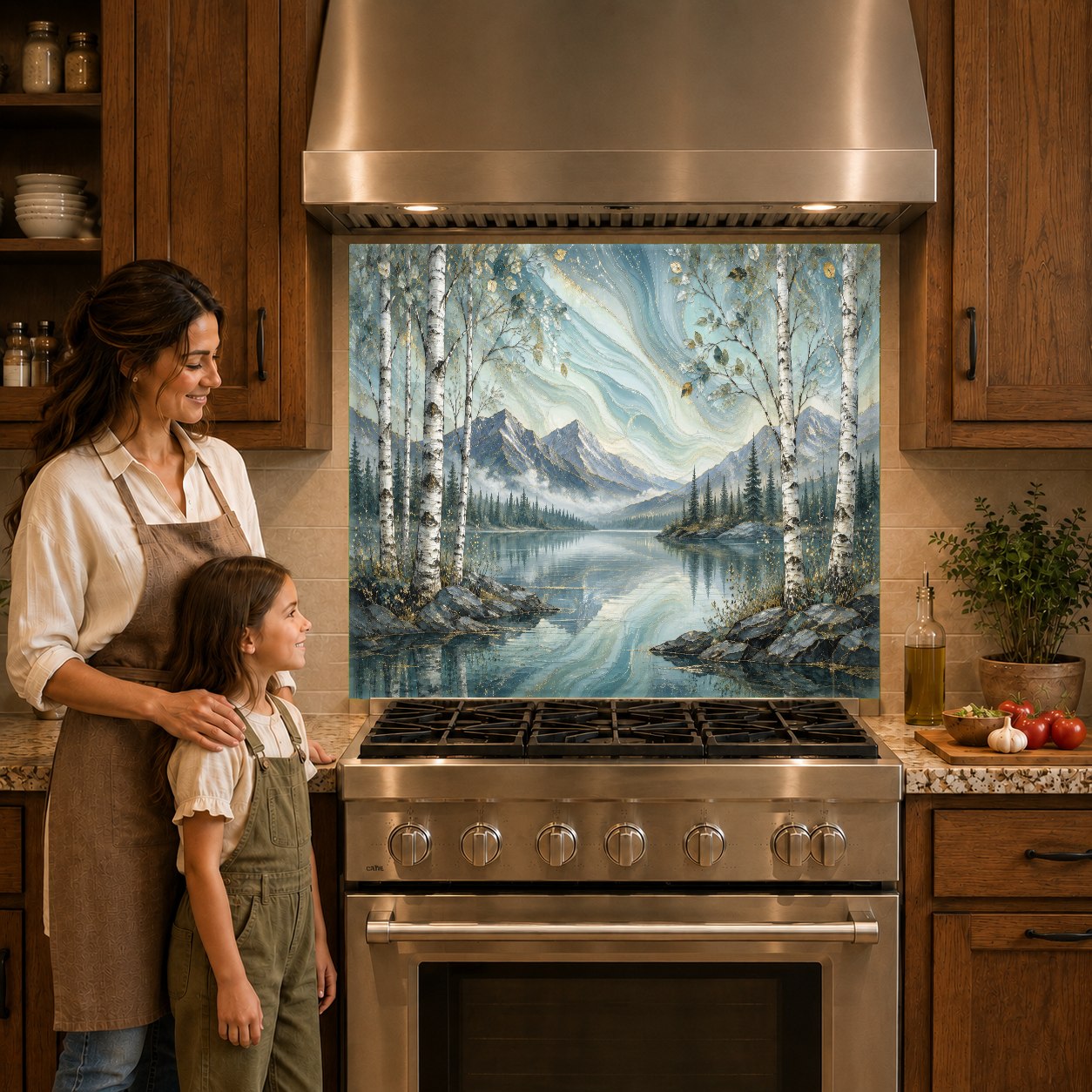 Tranquil blue Great Lake glass backsplash panel protecting the wall behind an induction cooktop in a rustic kitchen.