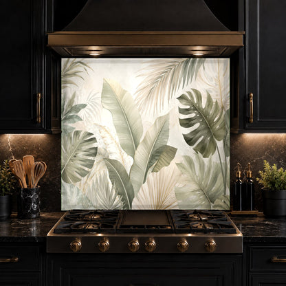Minimal green kitchen glass backsplash reflecting light behind a luxury gas stove