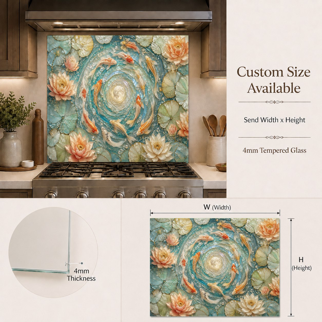 Elegant kitchen island wet bar area featuring a luxury golden koi fish tempered glass backsplash.