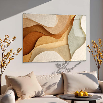 Abstract wall art above a sofa with decorative pillows and a small table.