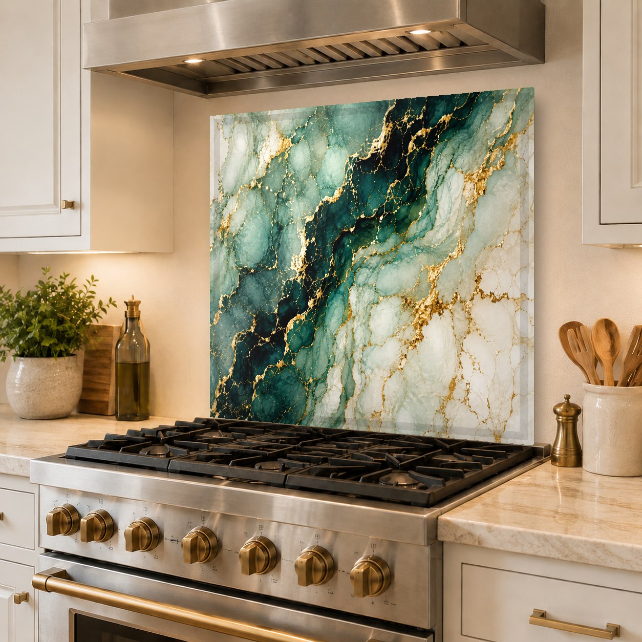 Custom-fit emerald veins tempered glass backsplash panel protecting the wall in a modern kitchen setup.