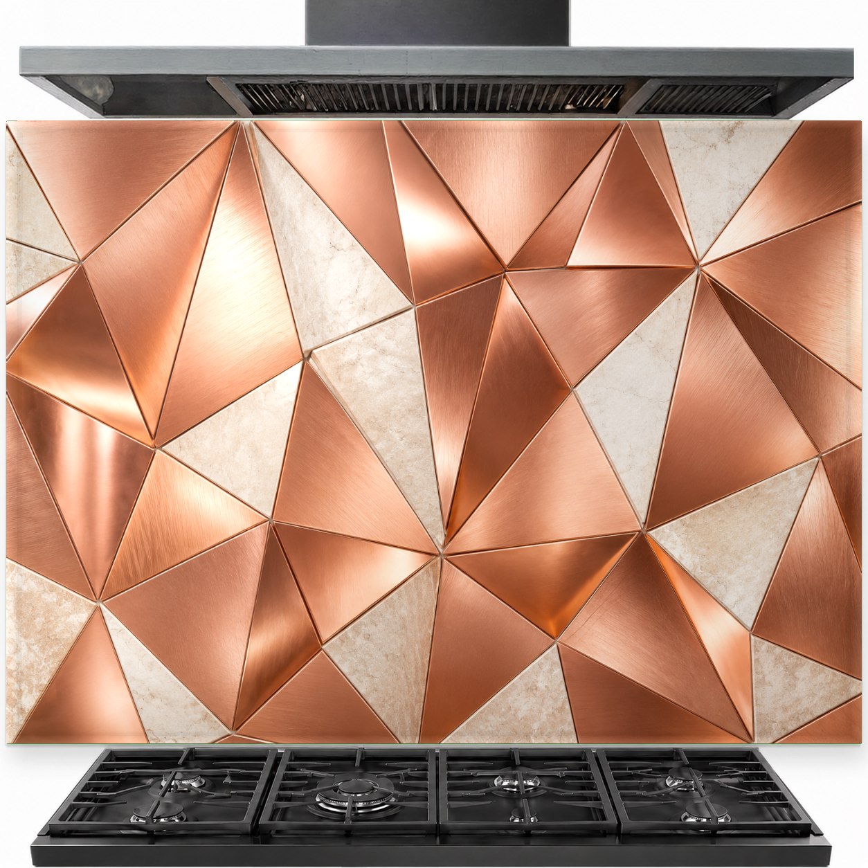 Abstract Copper tempered glass backsplash installed behind a stainless steel gas stove