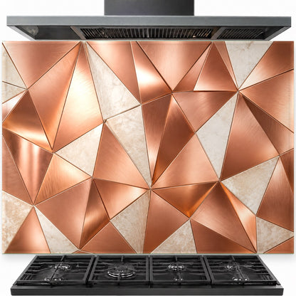 Abstract Copper tempered glass backsplash installed behind a stainless steel gas stove