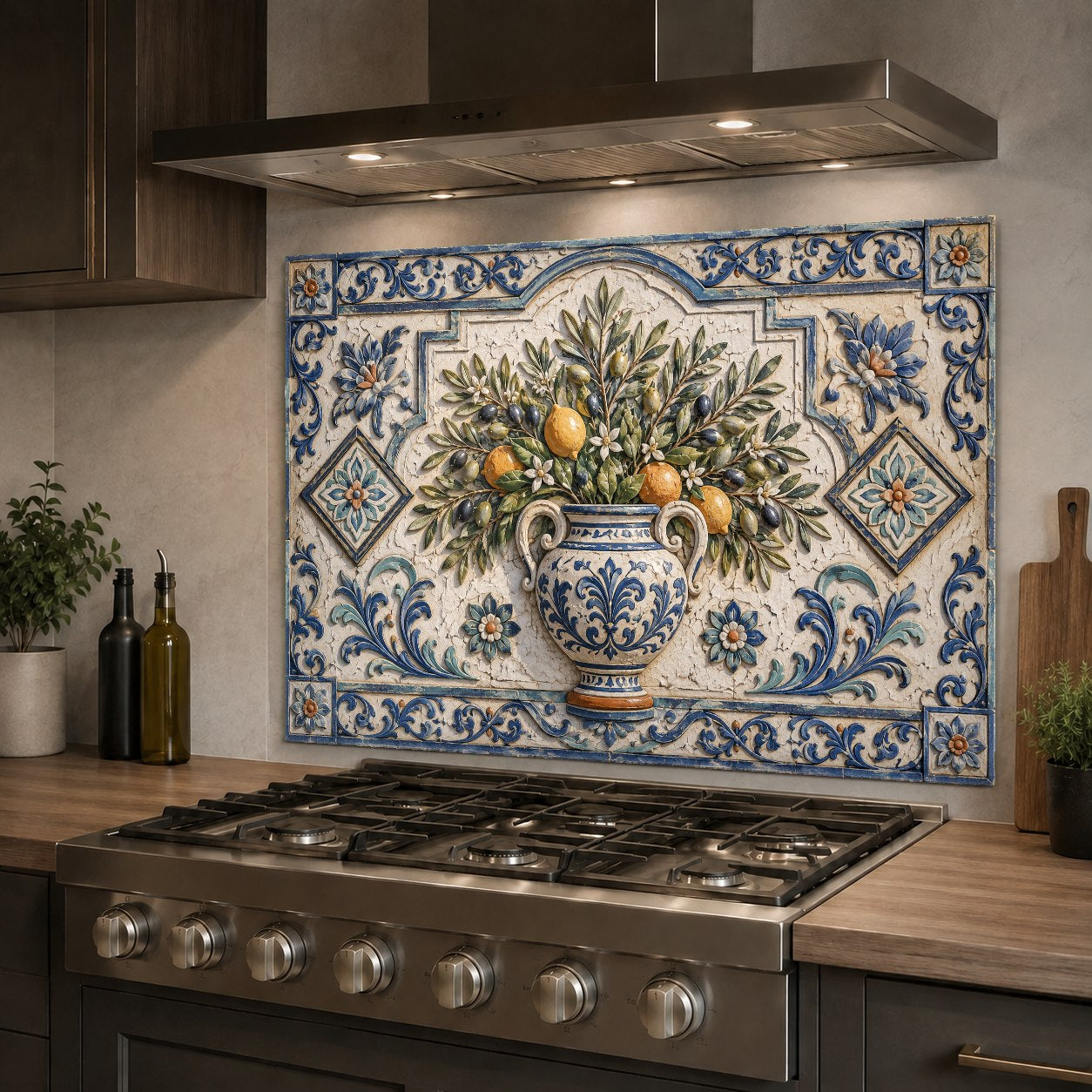 Kitchen glass backsplash panel featuring cheerful citrus tiles behind a gas range
