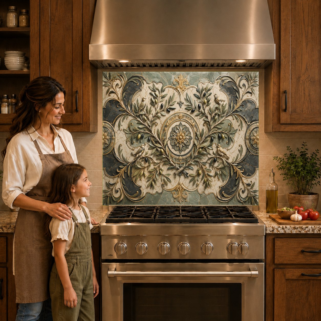 Close-up of the elegant olive branch design on a tempered glass backsplash behind a modern cooktop.