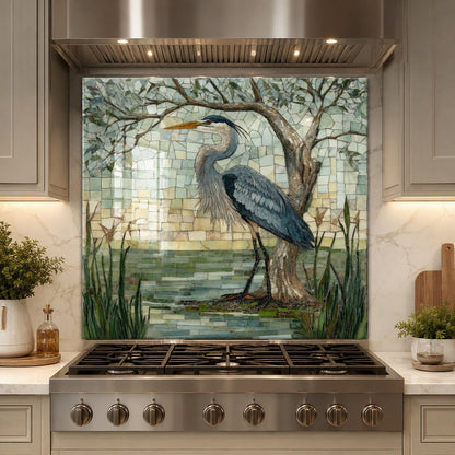 Great Blue Heron Stained Glass Mosaic Kitchen Backsplash installed behind gas stove - Artistic Nature Splashback
