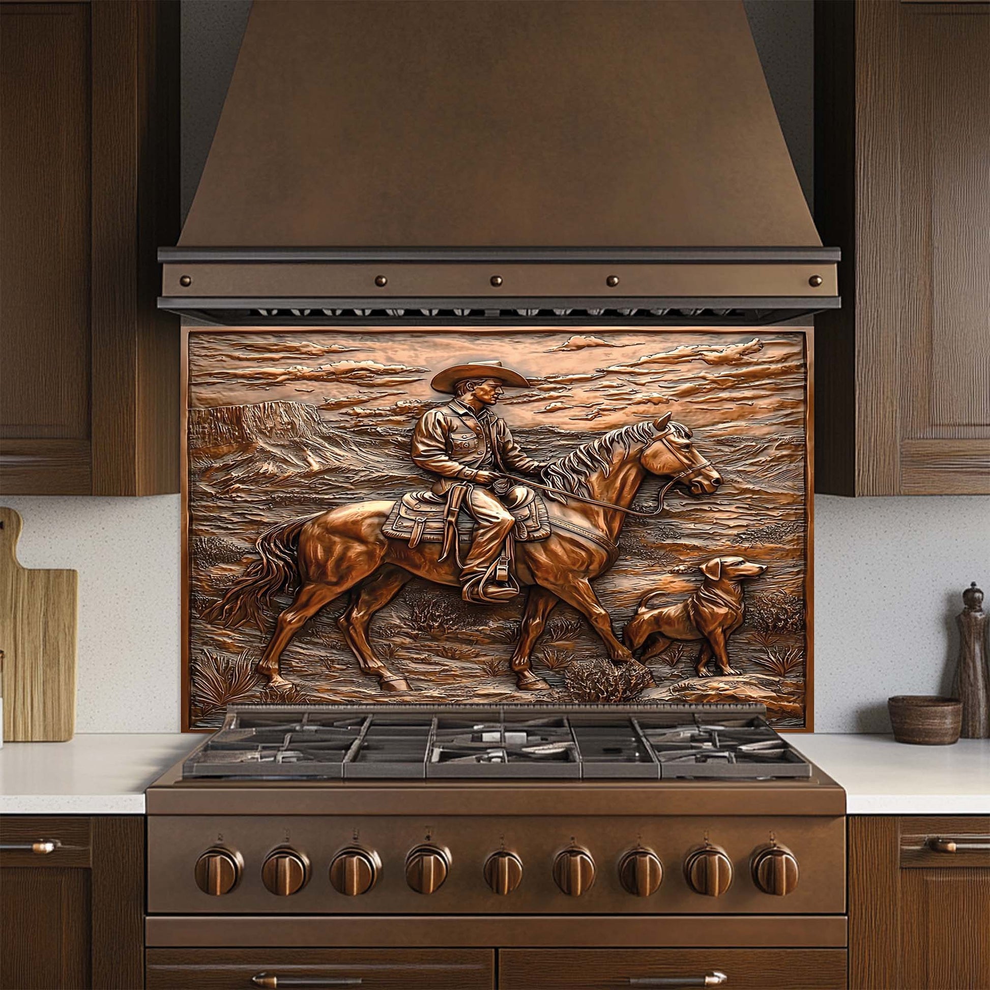 Western copper kitchen glass backsplash with cowboy on horse and dog in desert landscape
