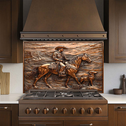 Western copper kitchen glass backsplash with cowboy on horse and dog in desert landscape