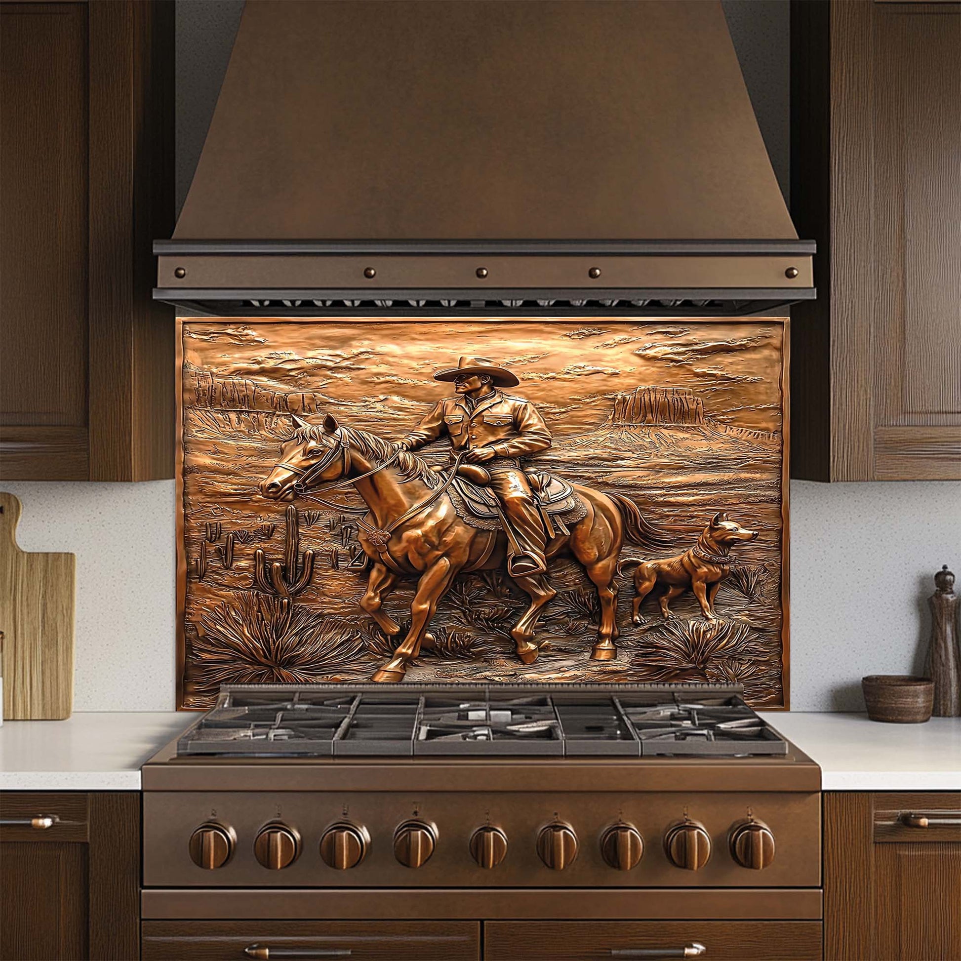 Copper western panel with cowboy on horse and dog in desert – tempered glass backsplash kitchen decor