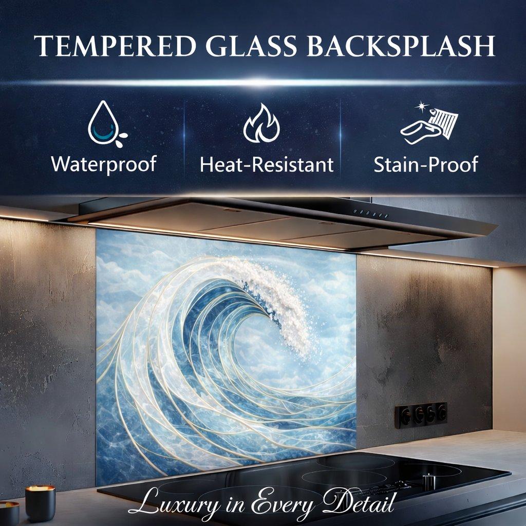 Tempered glass backsplash with wave design in a kitchen setting, featuring waterproof, heat-resistant, and stain-proof properties.